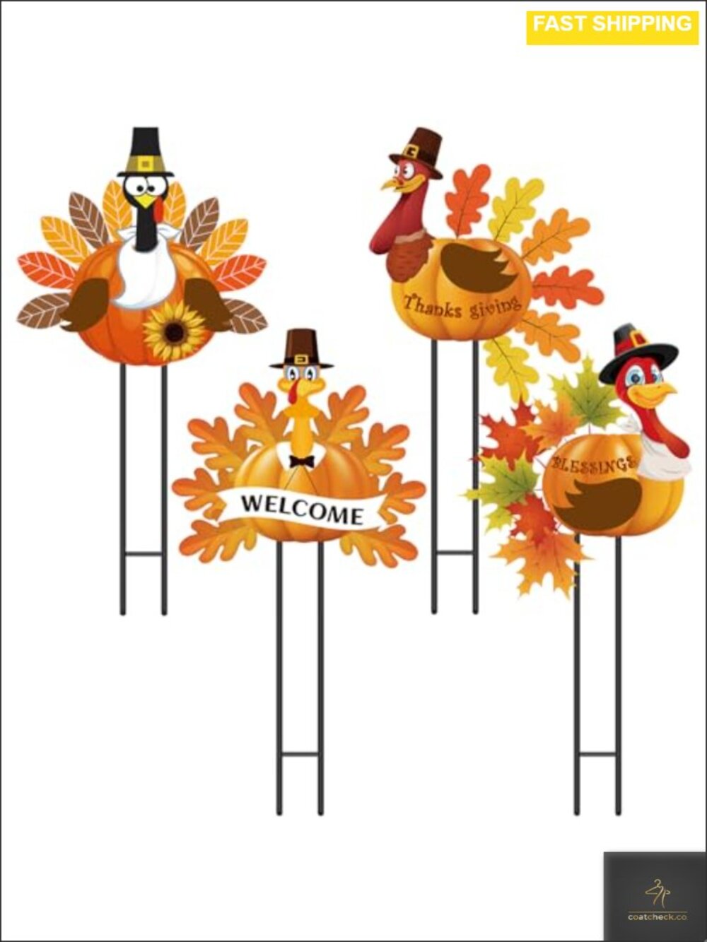 Metal Turkey Yard Stakes Thanksgiving Outdoor Decor 4 Pack 19.7x16.5 in